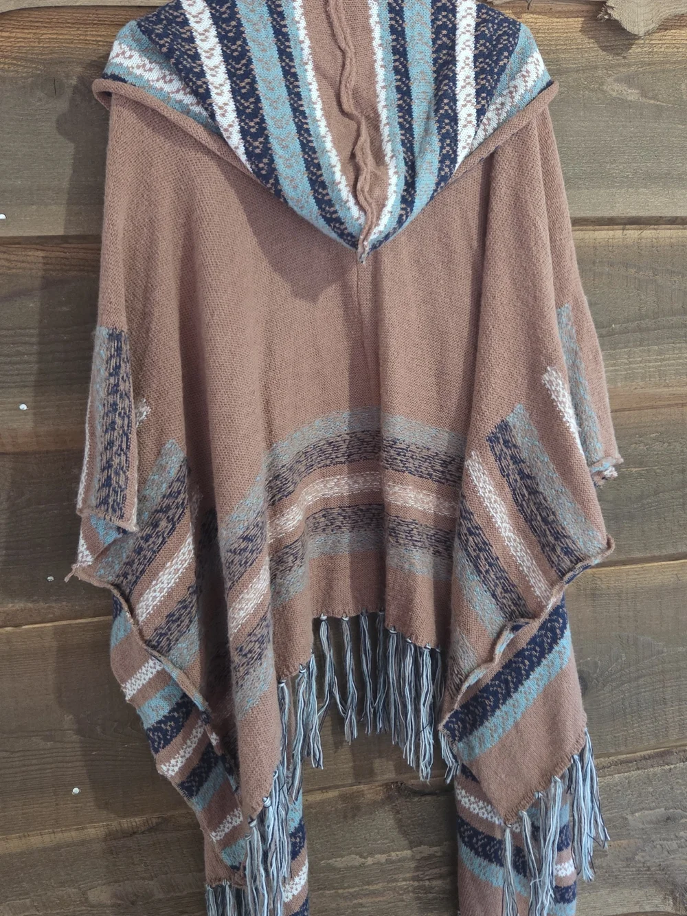 Easel Rust Hooded Fringe Wrap with Blue and Cream Stripes Western Native Indian